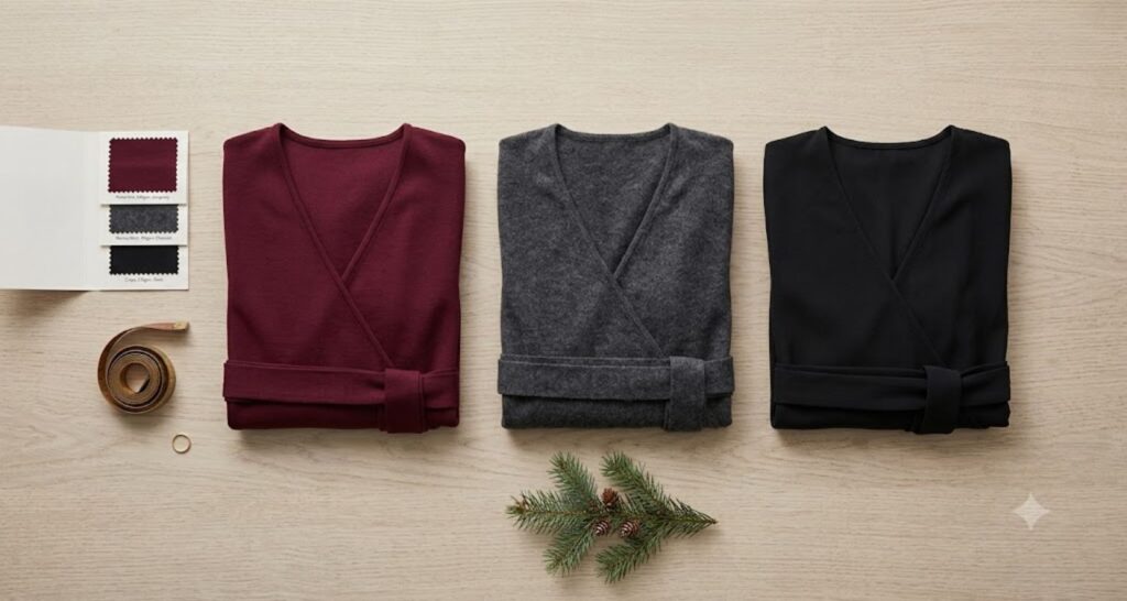 Flat lay comparing ponte, merino wool, and crepe wrap dresses for winter office wear.