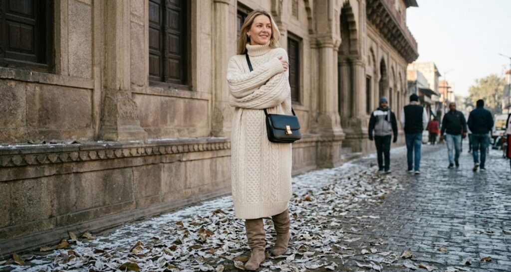Oversized cream turtleneck sweater dress with slouchy suede boots