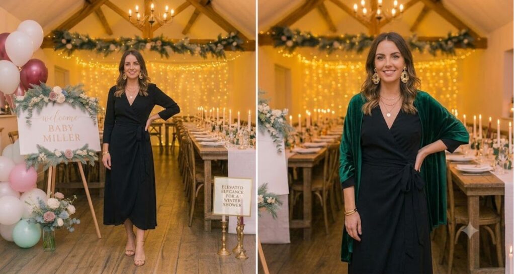 Black midi dress for winter baby shower — styled with jewel-toned wrap and gold earrings at indoor venue