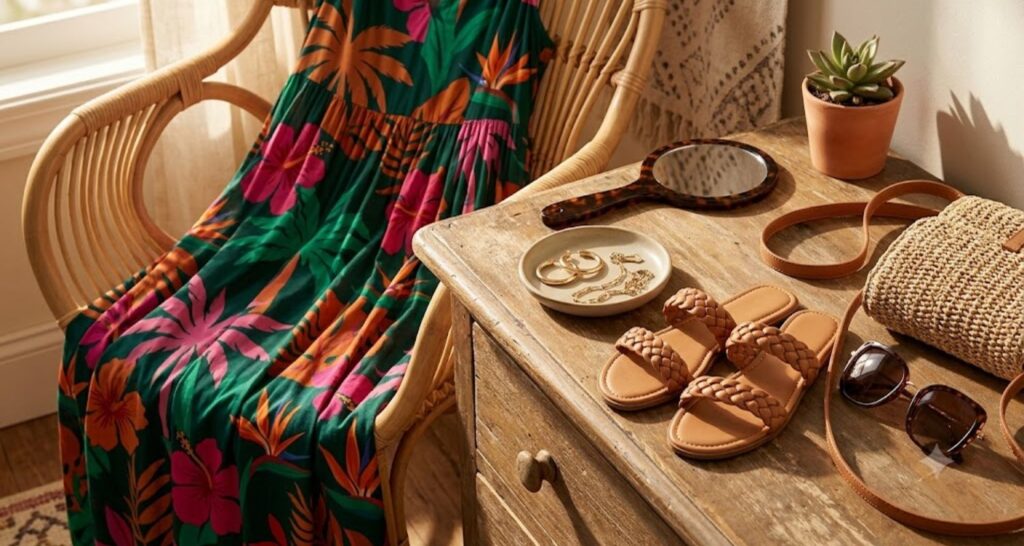 Tropical print flowy dress paired with neutral straw and gold accessories