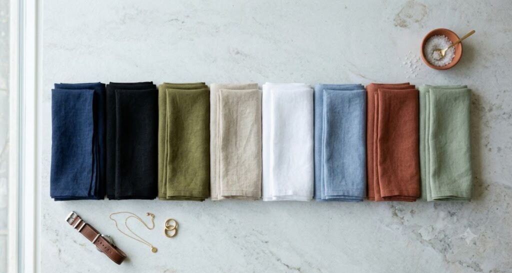 Folded linen fabrics in navy, olive, sand, and neutral office-friendly summer colors