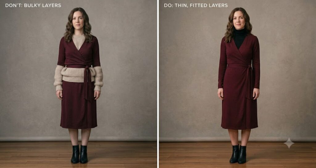 Side-by-side comparison of bulky versus streamlined layering under a wrap dress.