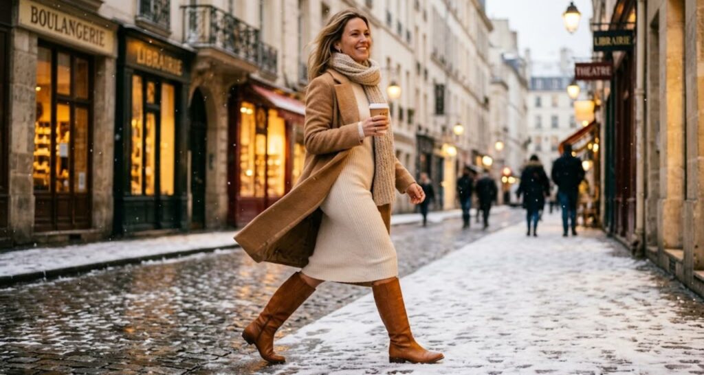 Woman in a cream ribbed sweater dress and knee-high boots walking a snowy city street