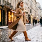 Woman in a cream ribbed sweater dress and knee-high boots walking a snowy city street