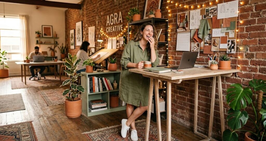 Casual work outfit with oversized olive linen shirtdress and white sneakers in a creative studio