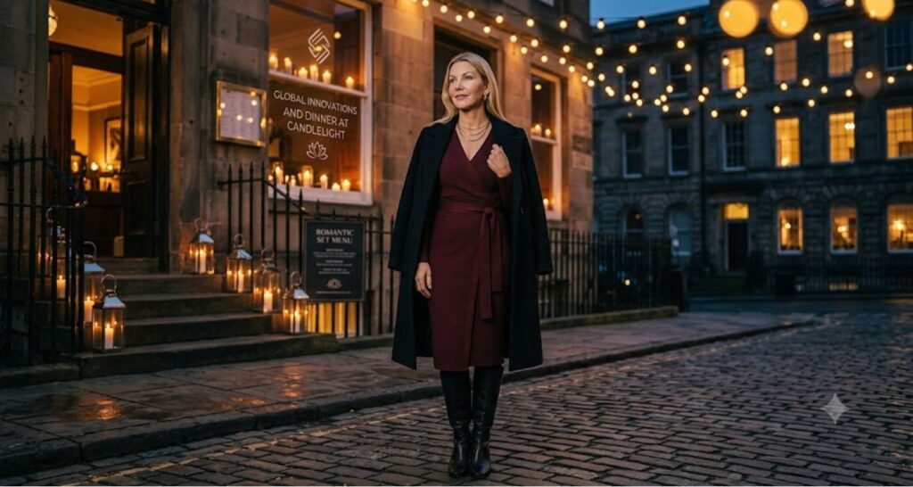 Burgundy wrap sweater dress date night outfit with heeled boots