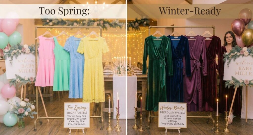 Spring pastels vs winter pastels for baby shower — bright pink vs dusty rose and muted lavender comparison
