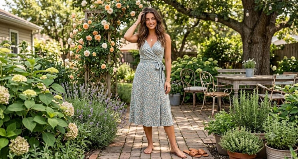 Casual ditsy floral wrap dress at backyard baby shower — tiny scattered print with relaxed styling
