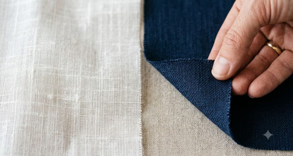 Close-up comparing lightweight sheer linen and mid-weight navy suiting linen fabric swatches
