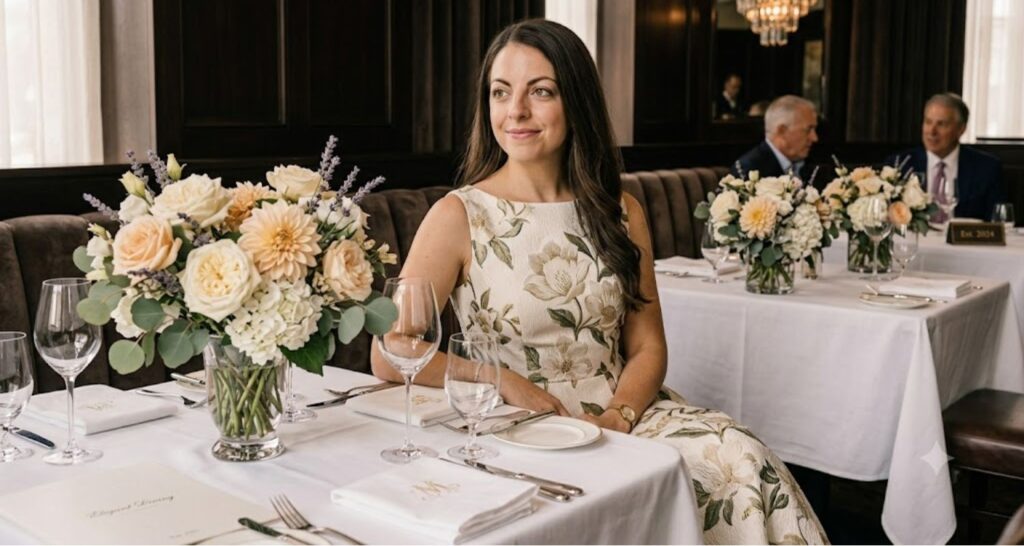 Elegant floral A-line shift dress at formal baby shower brunch — refined print, polished styling
