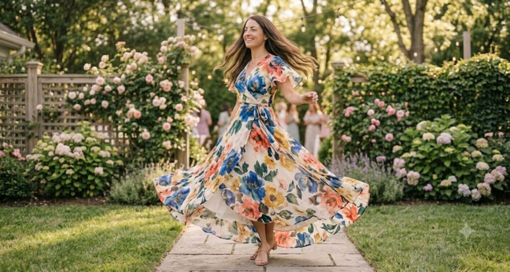 Floral fit-and-flare dress twirling at baby shower — festive silhouette with skirt in motion

