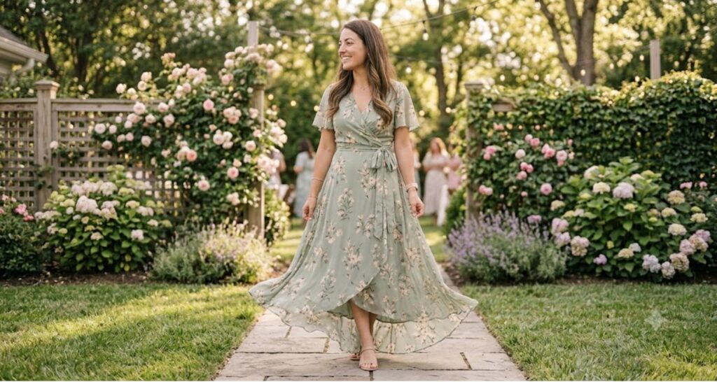 Floral maxi dress for baby shower at outdoor garden venue — flowing silhouette in natural sunlight
