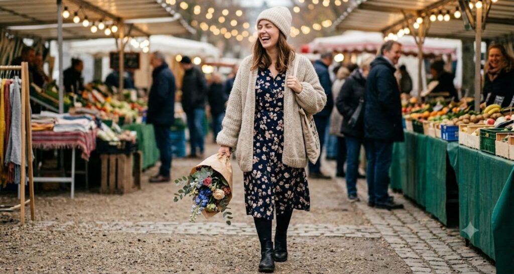 floral midi dress with chunky cardigan - long sleeve dress outfit ideas for winter