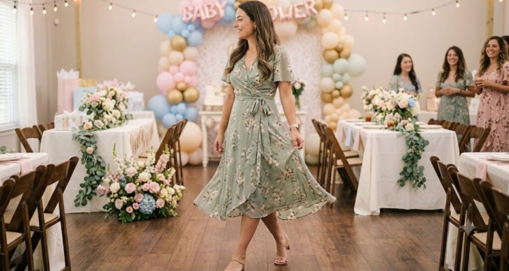 Woman in a floral chiffon wrap midi dress at a baby shower — best floral dress ideas for baby shower guests
