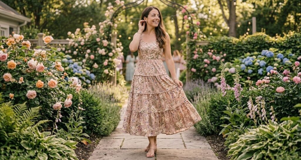Tiered floral midi dress for baby shower — botanical print shown across multiple tiers
