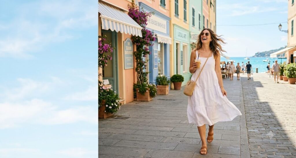 Woman in a white flowy summer midi dress with straw bag and sandals walking a sunny coastal street.