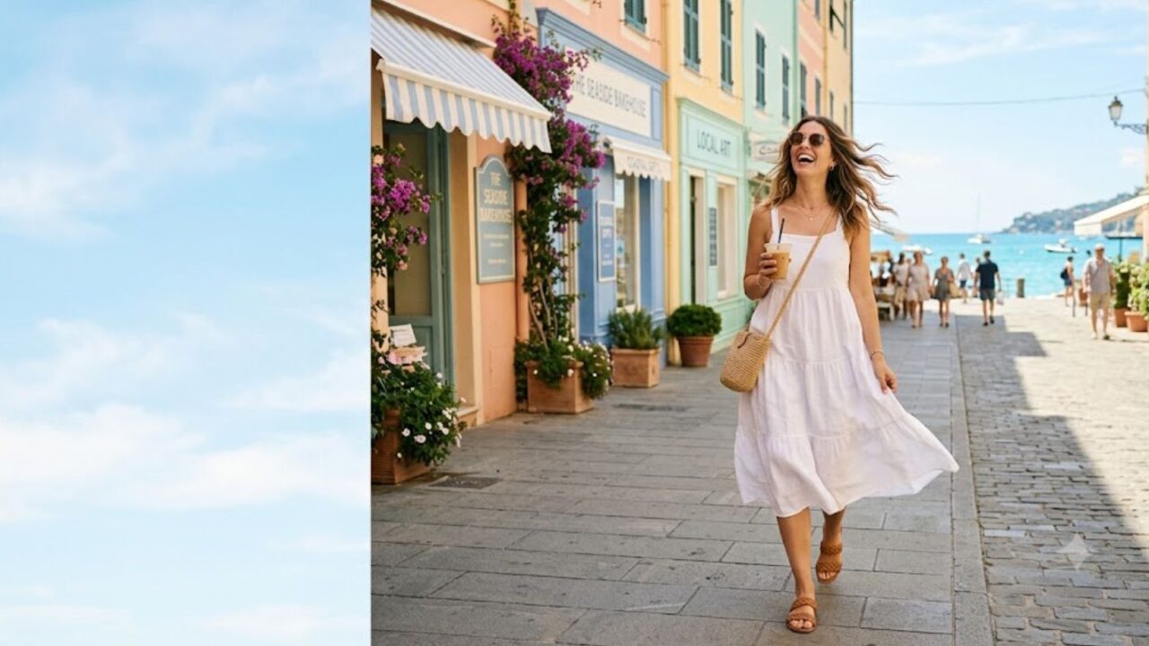 Woman in a white flowy summer midi dress with straw bag and sandals walking a sunny coastal street.