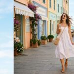 Woman in a white flowy summer midi dress with straw bag and sandals walking a sunny coastal street.