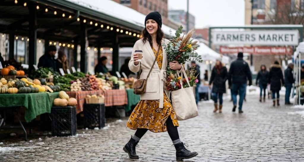 Casual winter brunch outfit with a floral midi dress, belted cardigan, and combat boots