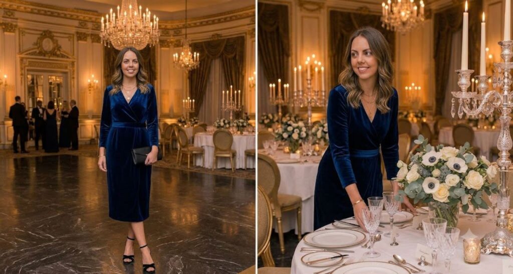 sapphire velvet midi dress at hotel event space with elegant decor