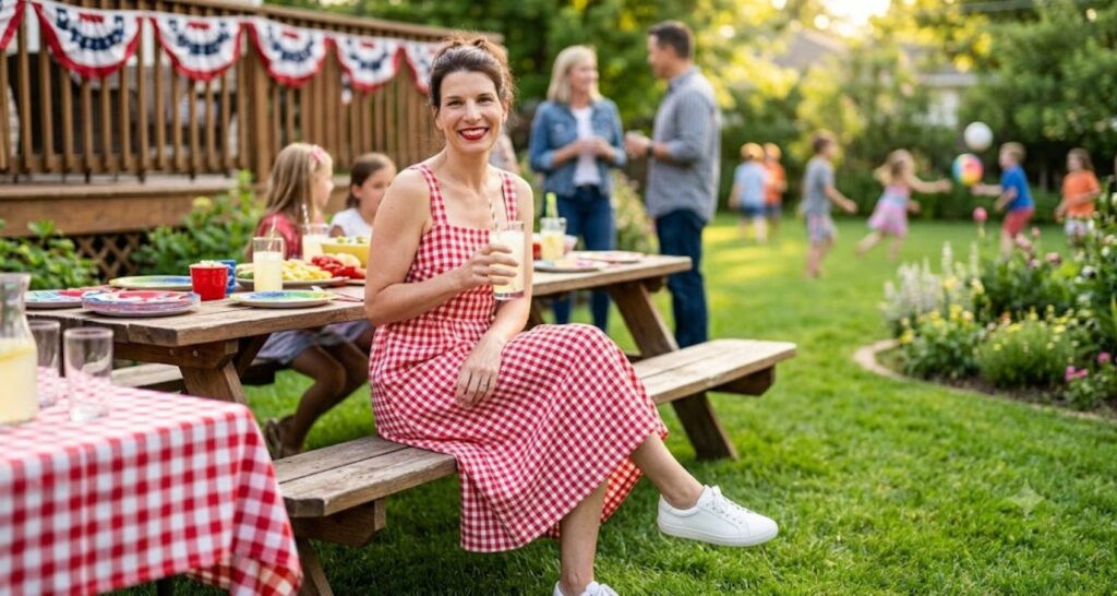 Red gingham linen dress with white sneakers for a Fourth of July outfit