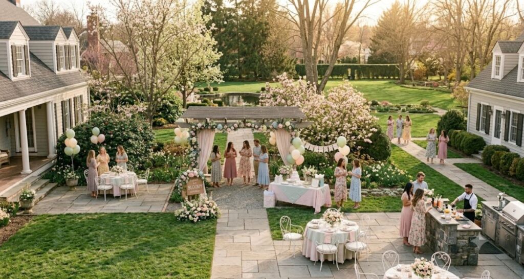 Floral wrap midi dress for spring baby shower — chiffon fabric draping naturally in outdoor garden light
