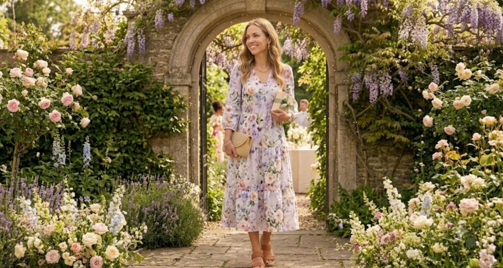 Watercolor floral pastel midi dress