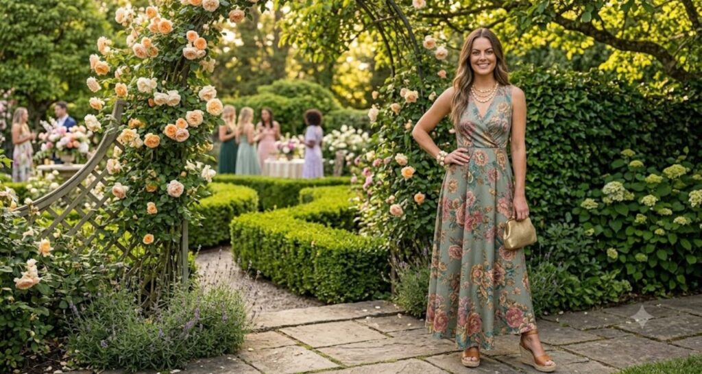 Large-bloom floral dress at garden party baby shower venue — roses and hedges in background, wedge sandals
