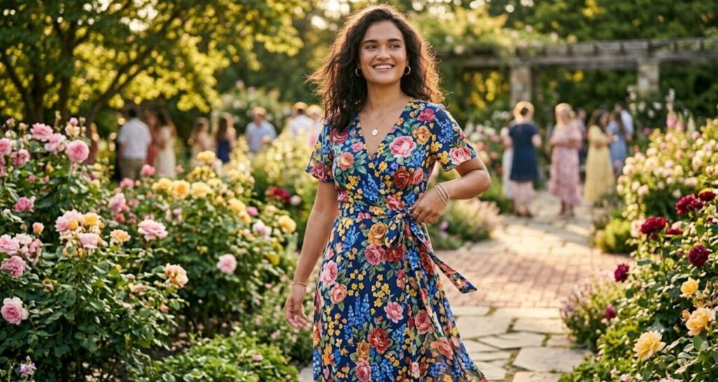 Floral dress for summer wedding guest in garden setting
