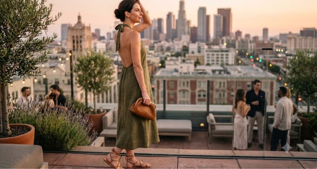 Olive linen halter dress with strappy sandals for a summer date night