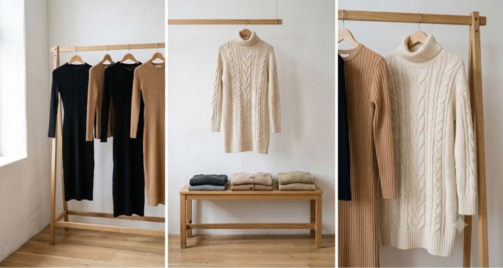 Three sweater dresses in different knits hanging on a clothing rack