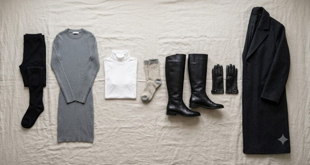 Layered winter outfit components laid out in order from tights to coat