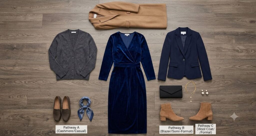 midi dress with cardigan, blazer, and wool coat options
