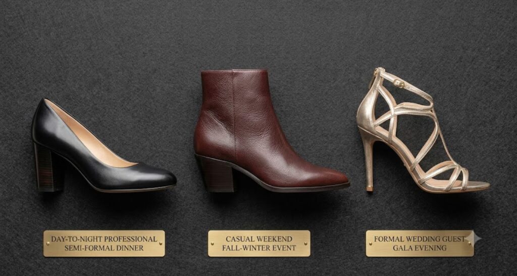 How to style a not-too-formal winter wedding guest dress with ankle boots
