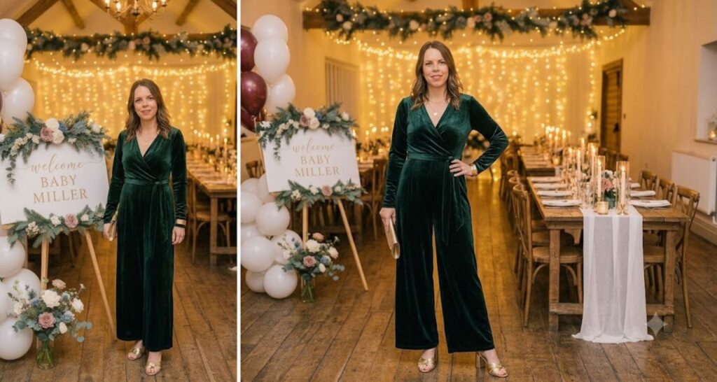 Dressy jumpsuit for winter baby shower — wide-leg forest green velvet with gold jewelry and block heel