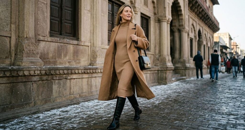 Camel ribbed midi sweater dress with black knee-high boots and wool coat