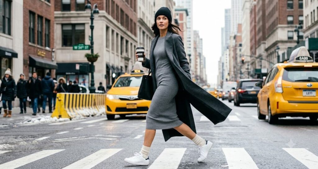 knit dress and long coat with long sneakers - long sleeve dress outfit ideas for winter