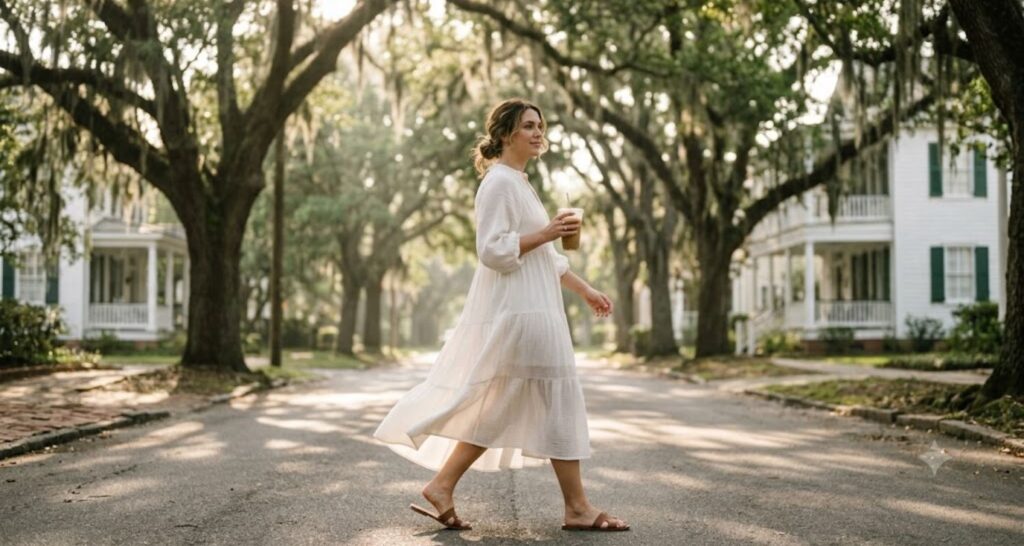 Woman walking in a lightweight dress for humid summer weather on a tree-lined Southern street.