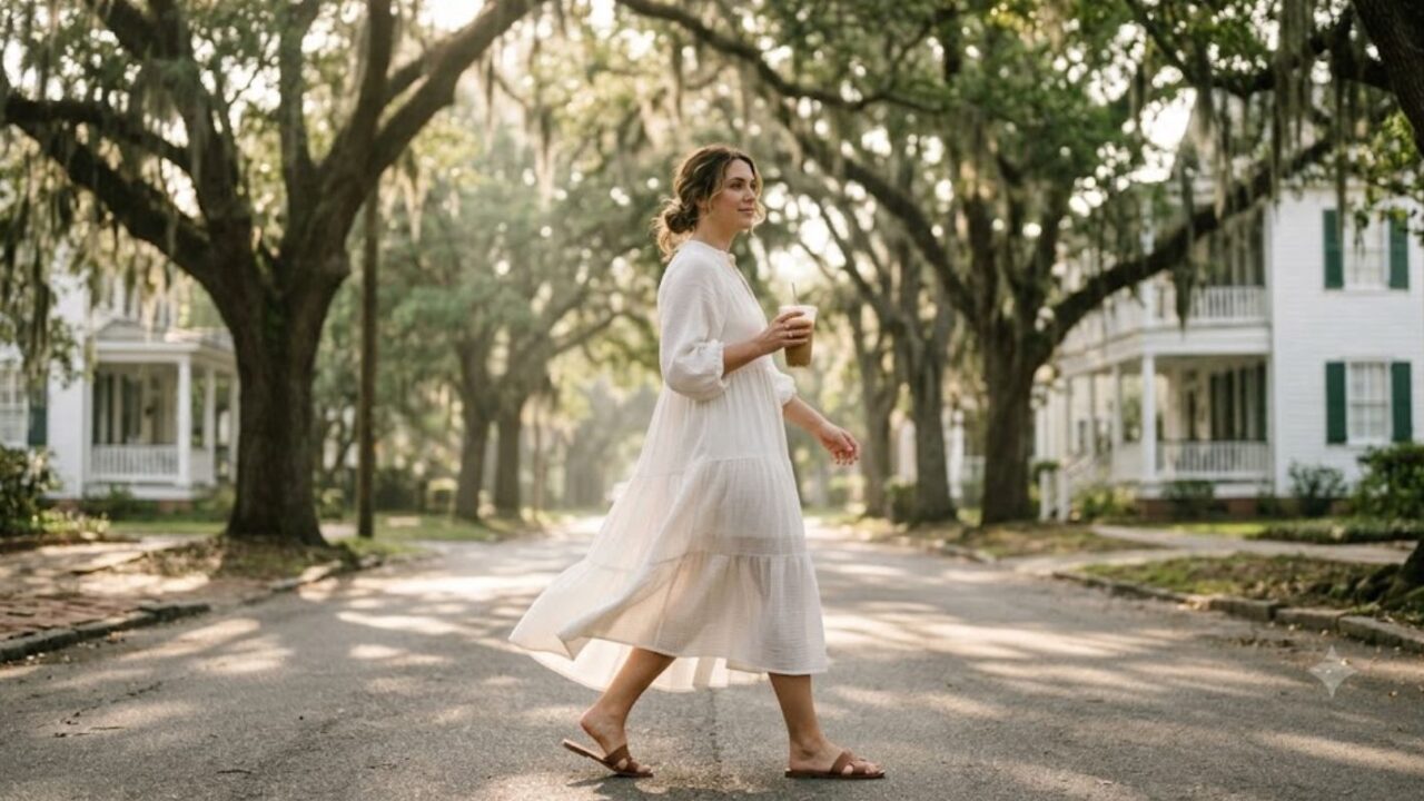 Woman walking in a lightweight dress for humid summer weather on a tree-lined Southern street.