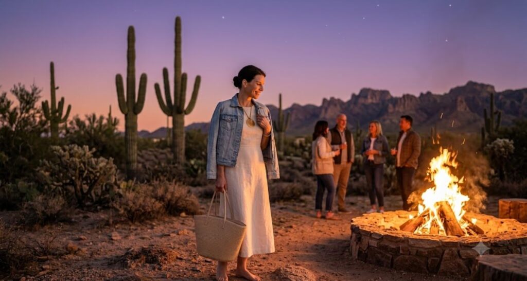 White linen dress layered with a denim jacket for a cool desert evening