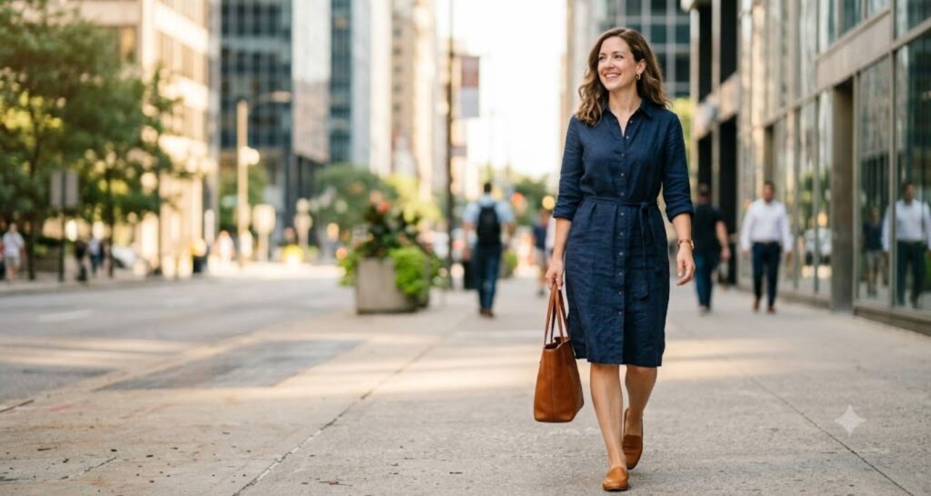 Woman wearing a navy linen dress for work summer outfit walking through a downtown business district