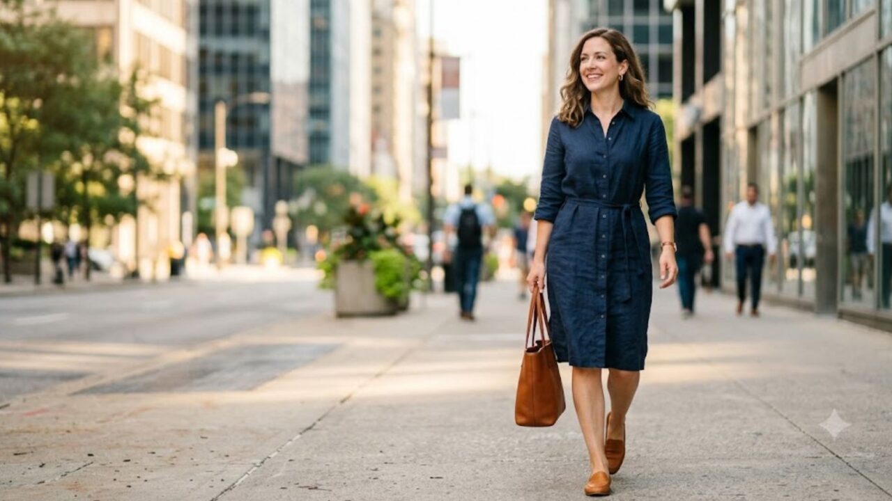 Woman wearing a navy linen dress for work summer outfit walking through a downtown business district