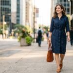 Woman wearing a navy linen dress for work summer outfit walking through a downtown business district
