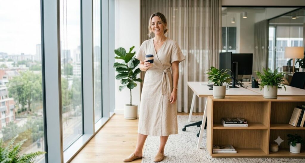 woman in sand linen midi wrap dress for casual work in a hot office