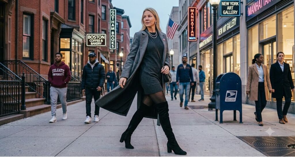 Mini sweater dress winter outfit with over-the-knee boots and long coat