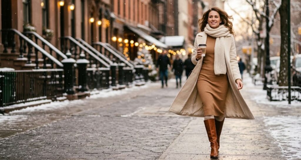 Woman in a camel long sleeve sweater dress and knee-high boots walking down a snowy city street
