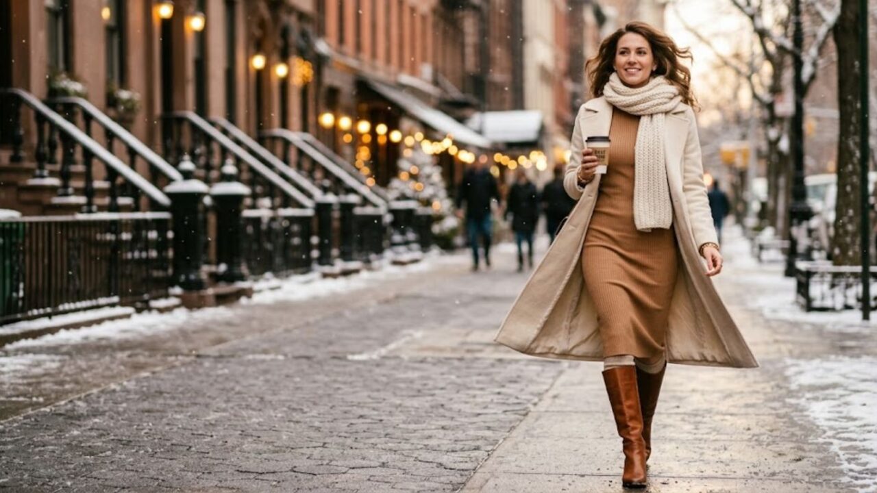 Woman in a camel long sleeve sweater dress and knee-high boots walking down a snowy city street