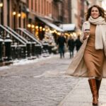 Woman in a camel long sleeve sweater dress and knee-high boots walking down a snowy city street