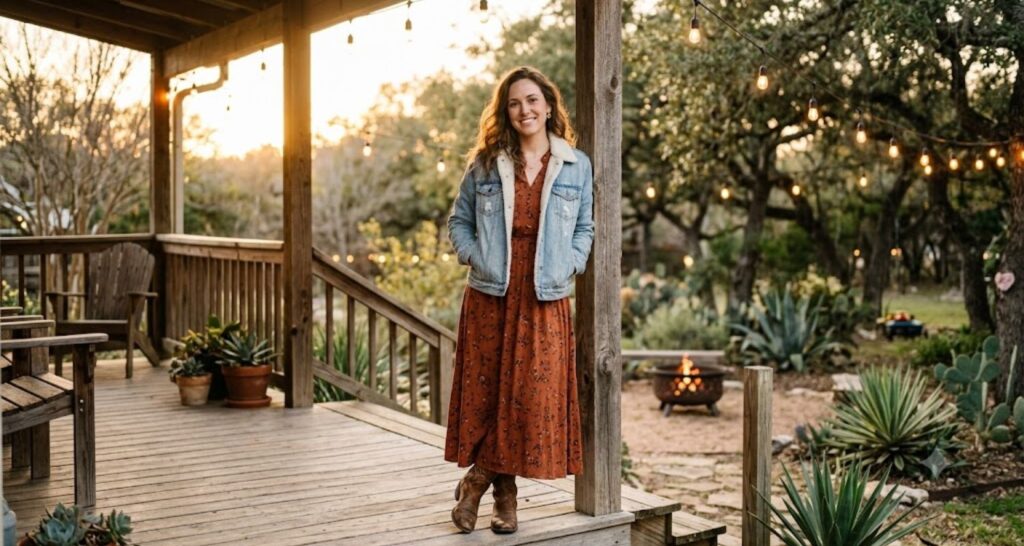 Maxi Dress and Denim Jacket with Western Boots