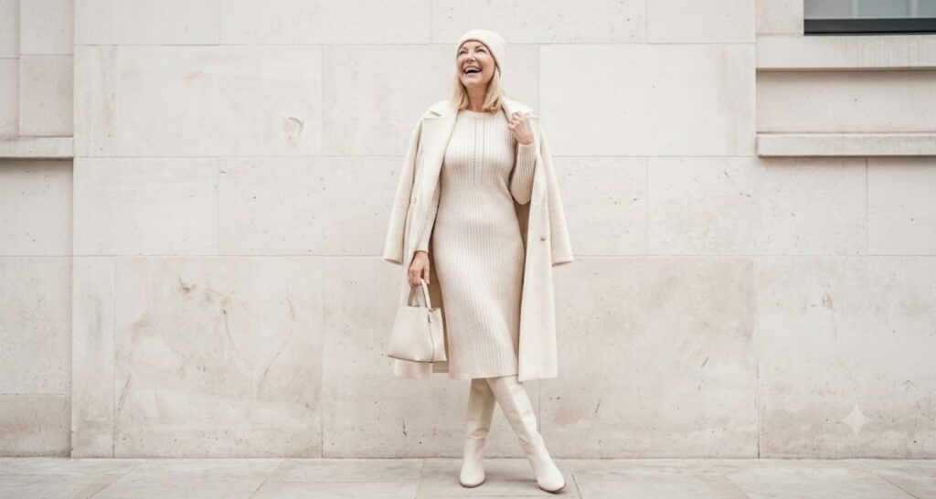 Monochrome cream sweater dress winter outfit with ivory coat